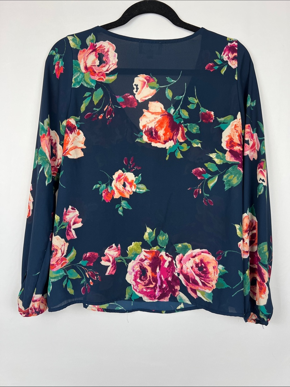 Everly Navy Floral Tie-Front V-Neck Blouse - Picture 6 of 6